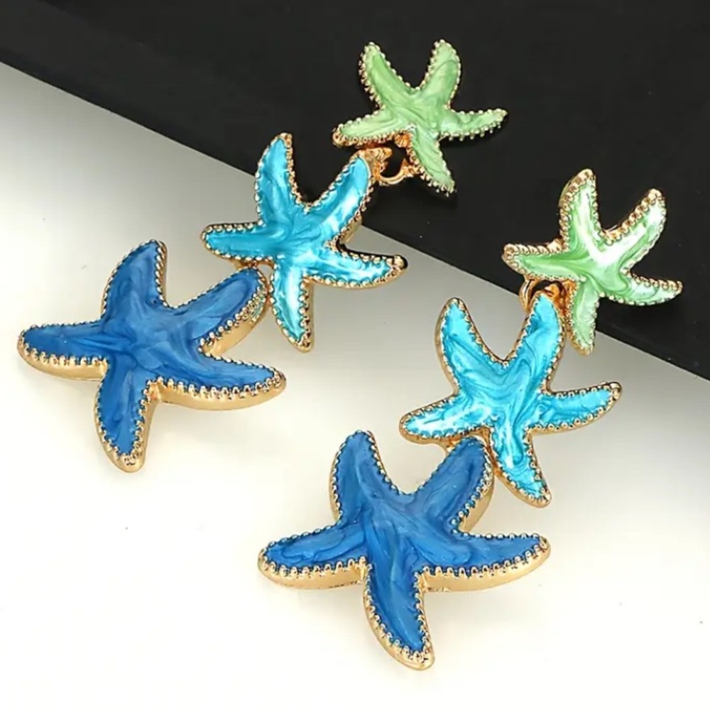 Blue & Green Swirly Enamel Starfish Gold Toned Stud Earrings - Picture 2 of 4